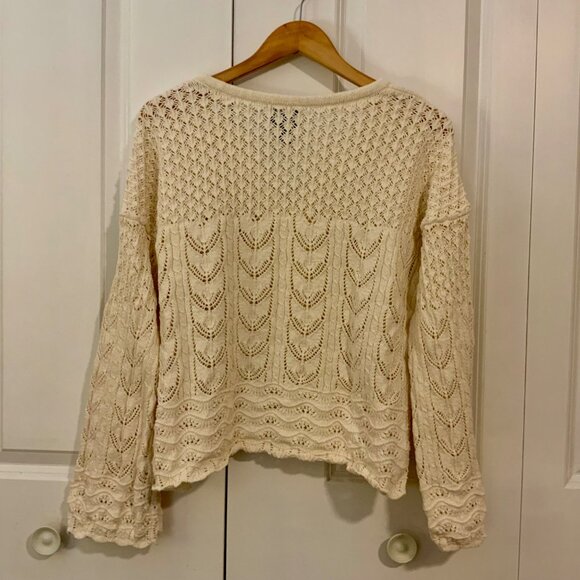 Lands’ End Ivory Pointelle Notch Neck Long Sleeve Sweater Medium - Picture 7 of 11